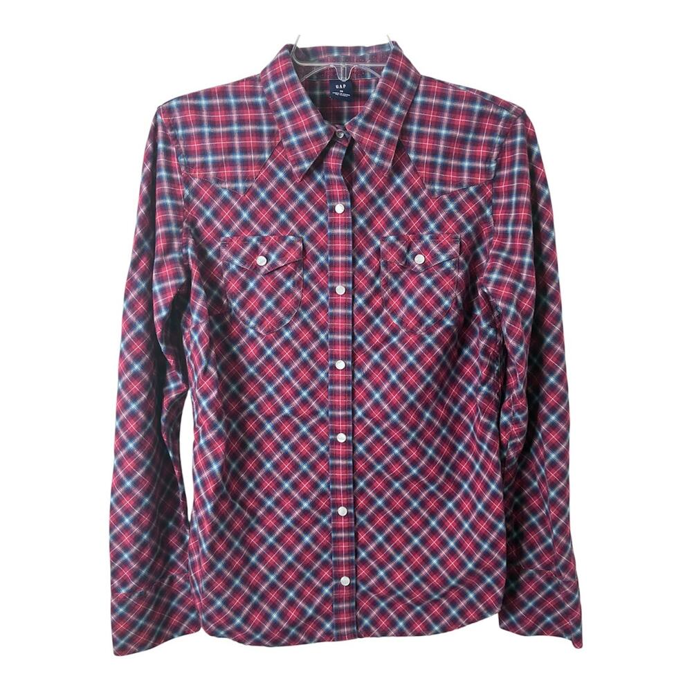 Gap Women's Red Plaid Pearl Snap Western Long Sleeve Shirt Size 10